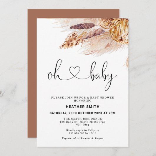 Bohemian Pampas Grass Baby shower Invitation Kaart (Voorkant / Achterkant)
