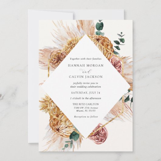 Bohemian Pampas Grass bruiloft uitnodiging (Voorkant)