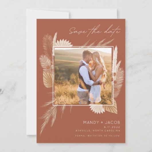 Bohemian Pampas Grass Foto Weddenschap Save The Date (Voorkant)