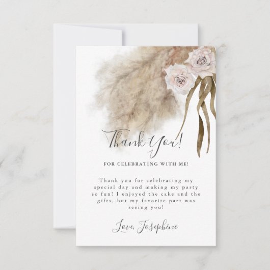 Bohemian Pampas Grass Girl Birthday Party Bedankkaart (Voorkant)