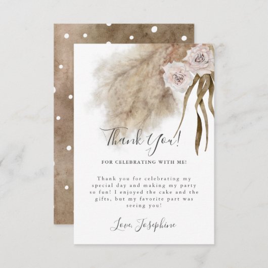 Bohemian Pampas Grass Girl Birthday Party Bedankkaart (Voorkant / Achterkant)