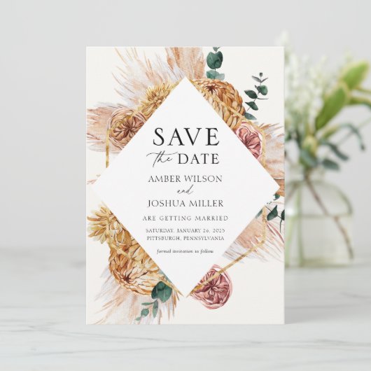 Bohemian Pampas Grass Save the Date Kaart (Staand voorkant)