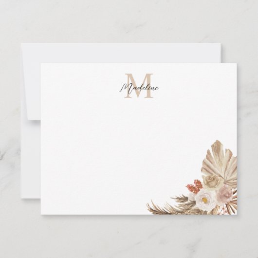 Bohemian Pampas Grass Script Monogram Notitiekaartje (Voorkant)