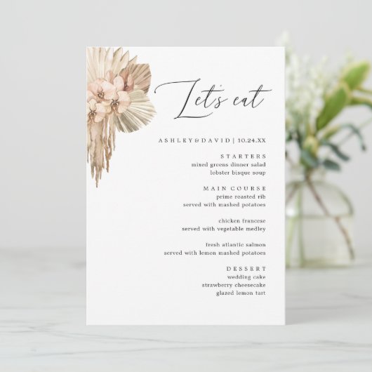Bohemian Pampas Grass Wedding Dinner Menu (Staand voorkant)