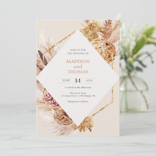 Bohemian Pampas Grass Wedding Kaart (Staand voorkant)