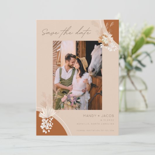 Bohemian Pampas Photo Rust Wedding Save The Date (Staand voorkant)