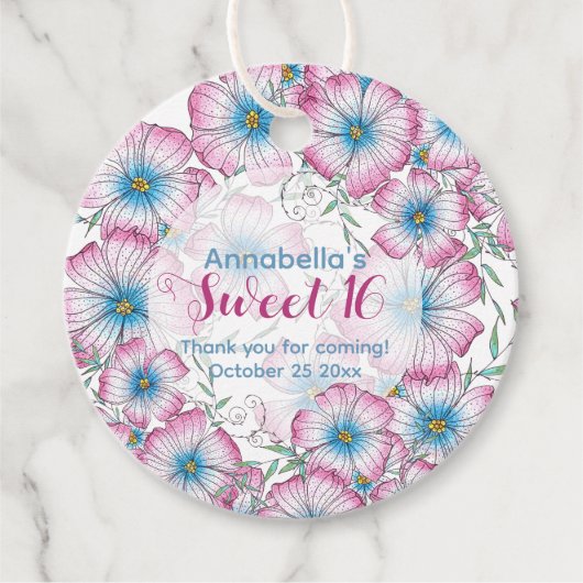 Bohemian Pastel Bloemen Roze Blauw Zoet 16 Bedankjes Labels (Voorkant)