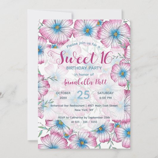 Bohemian Pastel Bloemen Roze Blauw Zoet 16 Kaart (Voorkant)