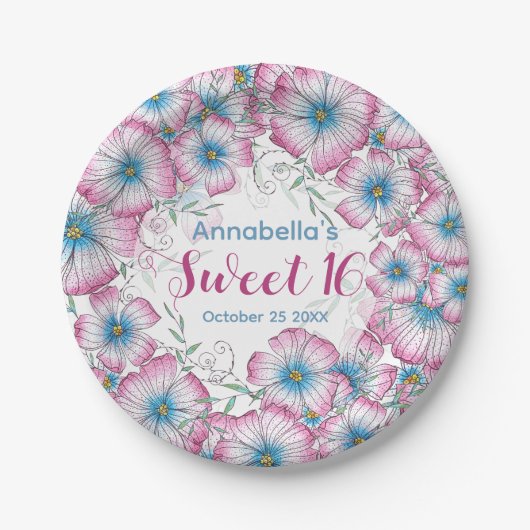 Bohemian Pastel Bloemen Roze Blauw Zoet 16 Papieren Bordje (Voorkant)