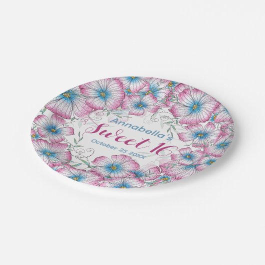 Bohemian Pastel Bloemen Roze Blauw Zoet 16 Papieren Bordje (Gekanteld)