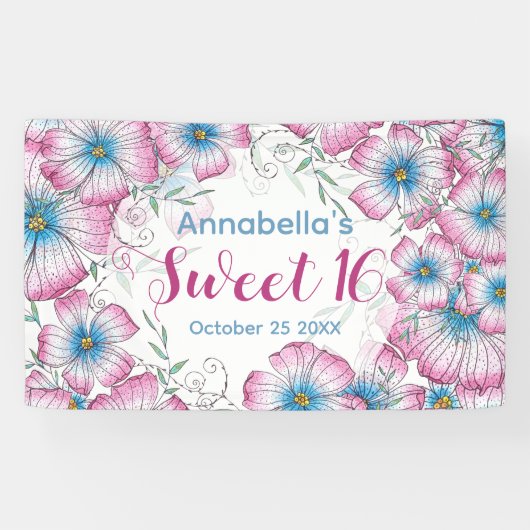 Bohemian Pastel Bloemen Roze Blauw Zoet 16 Spandoek (Horizontaal)