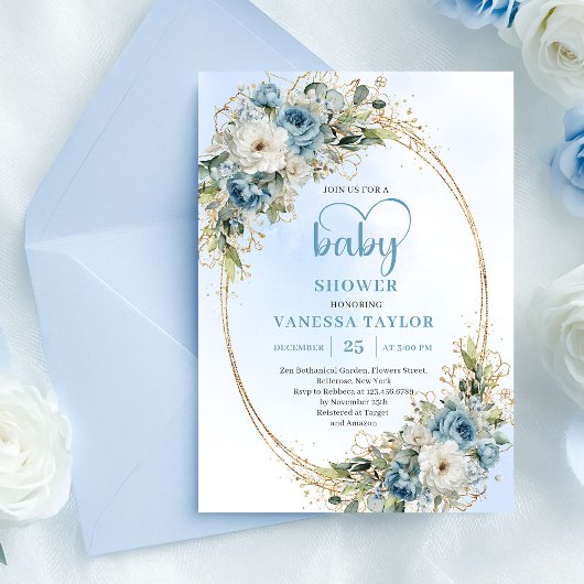 Bohemian Pastel Blue Floral Baby Shower Invitation Kaart