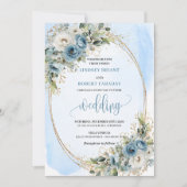Bohemian Pastel Blue Floral Gold Wedding Invite Kaart (Voorkant)