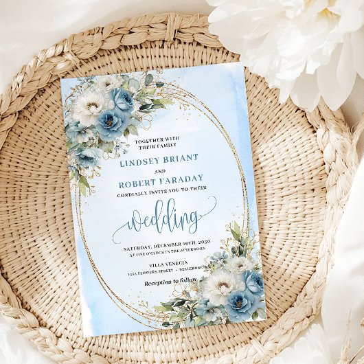 Bohemian Pastel Blue Floral Gold Wedding Invite Kaart