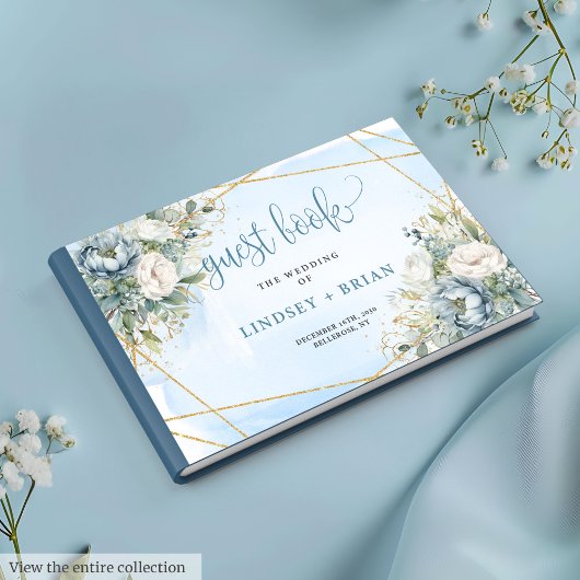 Bohemian Pastel Blue White Gold Peonies Guest Book Gastenboek
