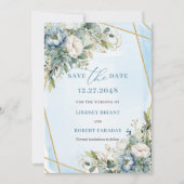 Bohemian Pastel Blue White Gold Peonies Save Date Kaart (Voorkant)