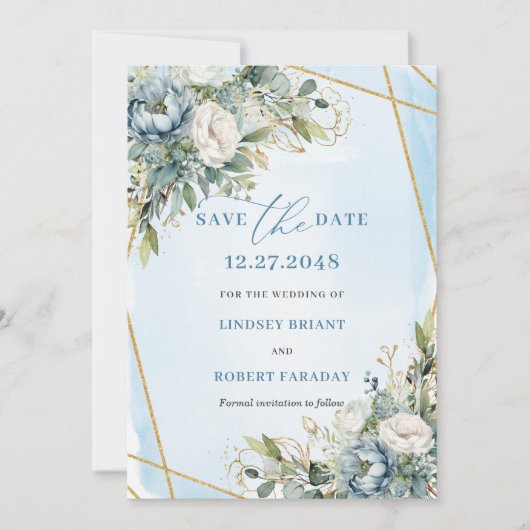Bohemian Pastel Blue White Gold Peonies Save Date Kaart (Voorkant)