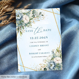 Bohemian Pastel Blue White Gold Peonies Save Date Kaart