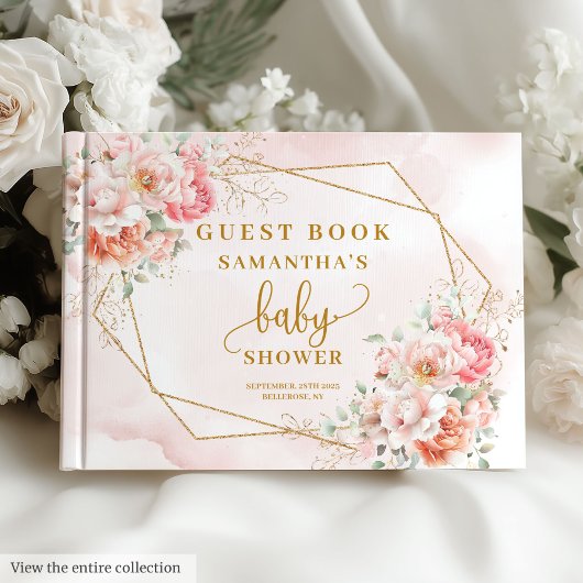 Bohemian pastel pink sage floral gold baby shower gastenboek