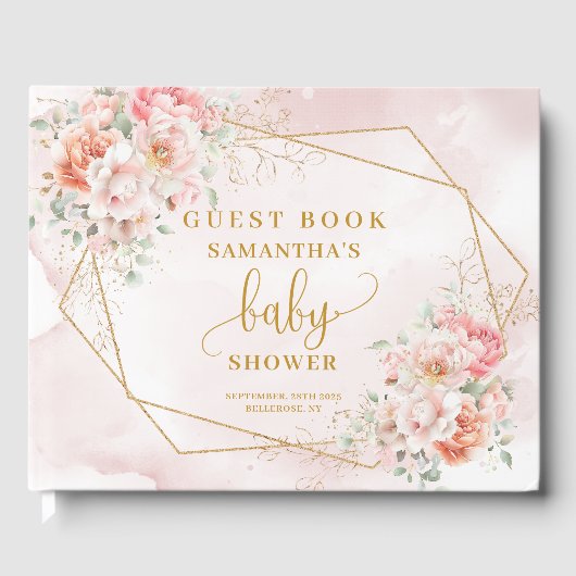 Bohemian pastel pink sage floral gold baby shower gastenboek (Voorkant)