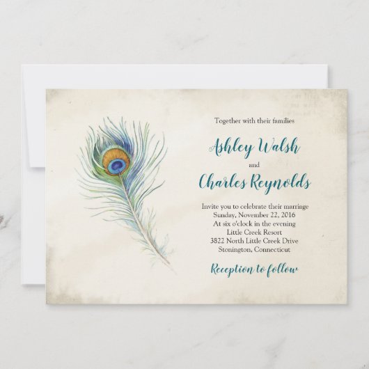 Bohemian Peacock Feather  Blauwgroen bruiloft Kaart (Voorkant)
