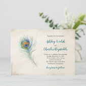 Bohemian Peacock Feather  Blauwgroen bruiloft Kaart (Staand voorkant)