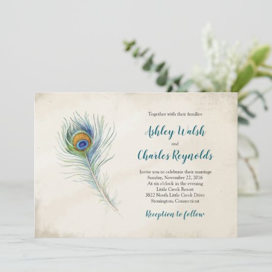 Bohemian Peacock Feather  Blauwgroen bruiloft Kaart (Staand voorkant)