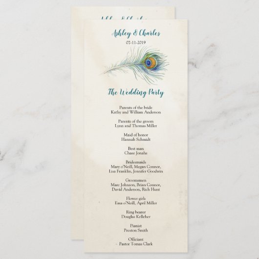 Bohemian Peacock Feather Blauwgroen bruiloft Rackc Programmakaart (Voorkant / Achterkant)