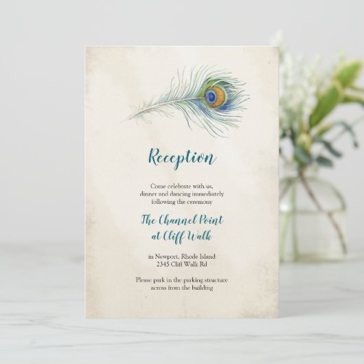 Bohemian Peacock Feather Bruiloft Receptie Kaart (Staand voorkant)