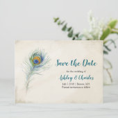 Bohemian Peacock Feather Elegant Blauwgroen bruilo Save The Date (Staand voorkant)