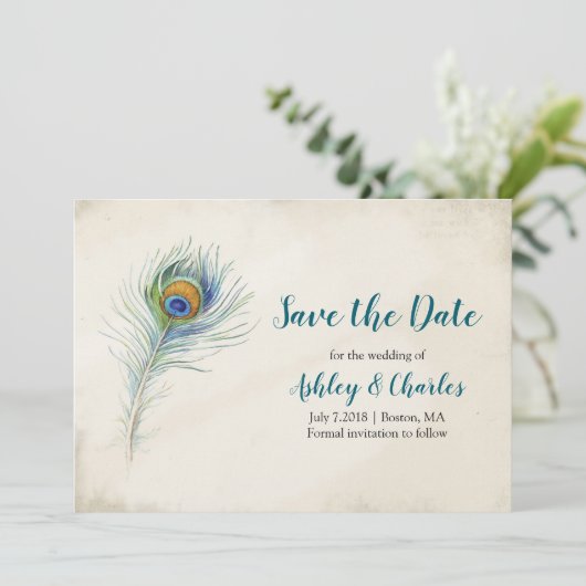 Bohemian Peacock Feather Elegant Blauwgroen bruilo Save The Date (Staand voorkant)