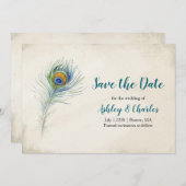 Bohemian Peacock Feather Elegant Blauwgroen bruilo Save The Date (Voorkant / Achterkant)