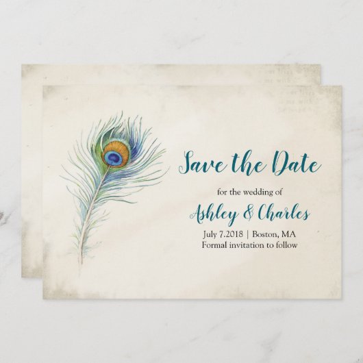 Bohemian Peacock Feather Elegant Blauwgroen bruilo Save The Date (Voorkant / Achterkant)