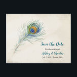 Bohemian Peacock Feather Wedding Save the Date Aankondigingskaart<br><div class="desc">Boheemse bruiloft red de datum briefkaart met pauwenveer en blauwgroen bewoording. Geweldig voor elegante boho bruiloften en andere  stijl evenementen.</div>