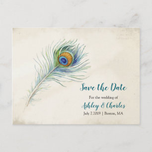 Bohemian Peacock Feather Wedding Save the Date Aankondigingskaart