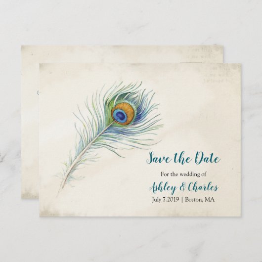 Bohemian Peacock Feather Wedding Save the Date Aankondigingskaart (Voorkant / Achterkant)