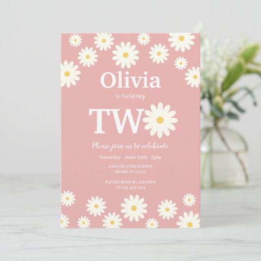 Bohemian Pink Daisy Bloemen 2e Verjaardagsfeest Kaart (Staand voorkant)