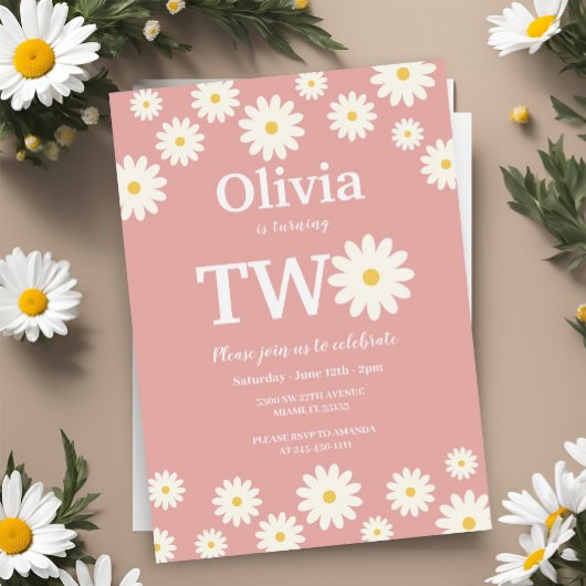 Bohemian Pink Daisy Bloemen 2e Verjaardagsfeest Kaart