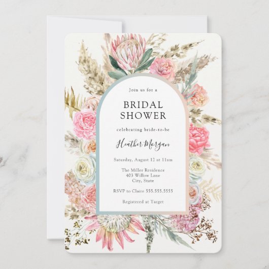 Bohemian Pink Floral Bridal Shower Uitnodiging (Voorkant)