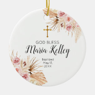 Bohemian Pink Floral Personalized Girl Baptisme Keramisch Ornament