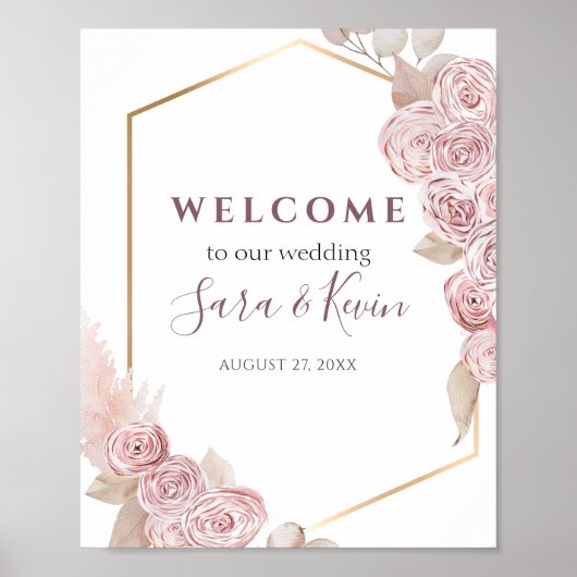 Bohemian Pink Roses and Golden Wedding Welcome Poster (Voorkant)