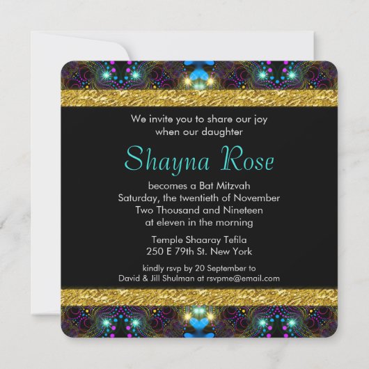 Bohemian Princess  Lights Bat Mitzvah Kaart (Achterkant)