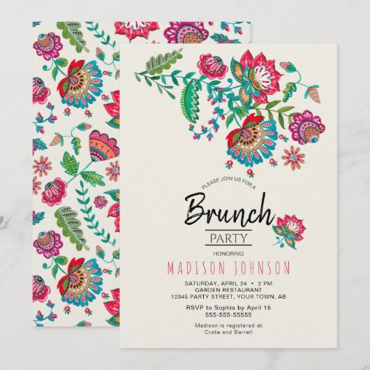 Bohemian Red Folk Flowers Brunch Party Invitation Kaart (Voorkant / Achterkant)