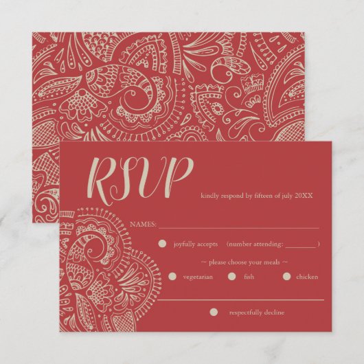 Bohemian Red Rustic Wedding RSVP Response Kaart (Voorkant / Achterkant)