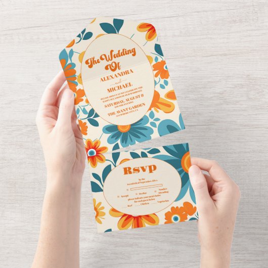 Bohemian Retro Casual Wedding All In One Uitnodiging (Afscheurbaar)