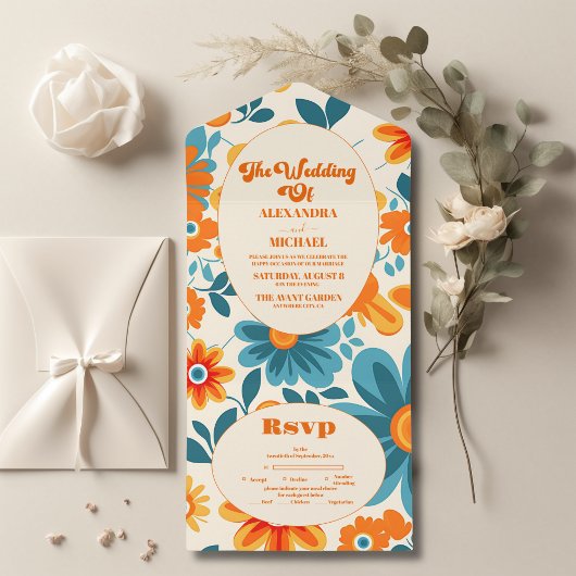 Bohemian Retro Casual Wedding All In One Uitnodiging