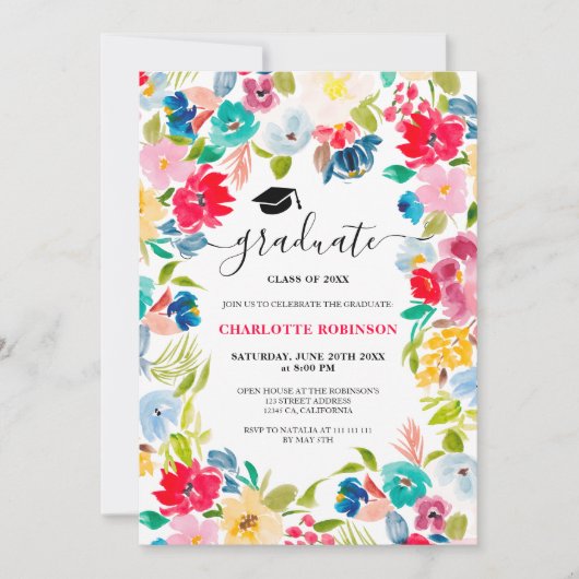 Bohemian rood blauw bloemenfoto afstuderen kaart (Voorkant)