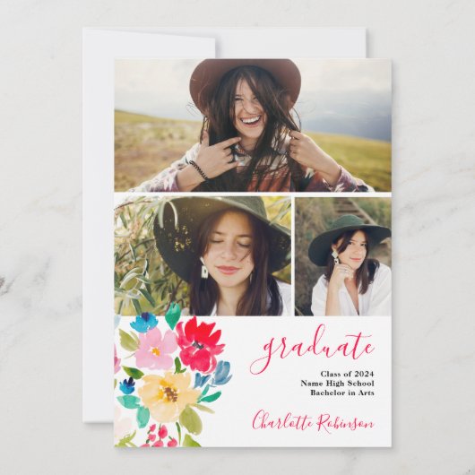 Bohemian rood blauw bloemenfoto afstuderen kaart (Achterkant)