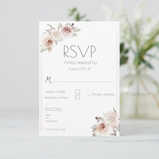 Bohemian Roos bruiloft RSVP Kaartje (Staand voorkant)