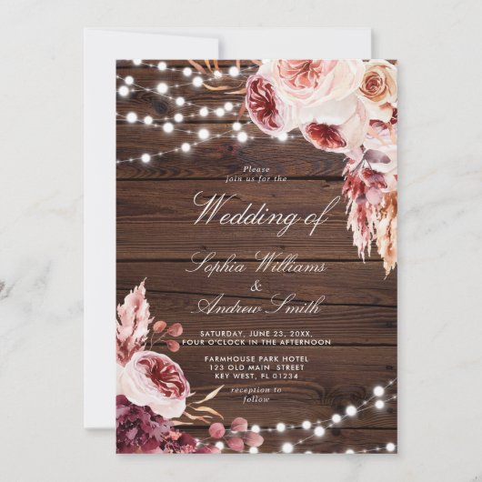 Bohemian Roos rustieke houten bruiloft uitnodiging (Voorkant)